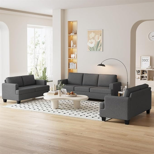 Furnimart Sectional Couches for Living Room, Modern 2 Loveseats and 3 Seater Couch, Deep Seat Sectional Sofa Set, Comfy Fluffy Grey Couch with Removable Sofa Cover, Dark Grey