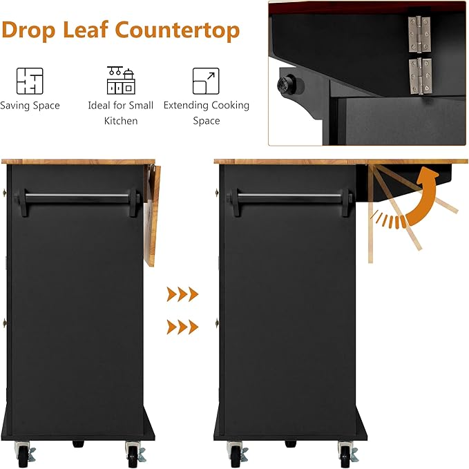 Kitchen Cart with Wood Top and Drop Leaf Breakfast Bar, Rolling Mobile Kitchen Island Table on Wheels with Drawer and Storage Cabinet, Spice Rack, Towel Rack, Black