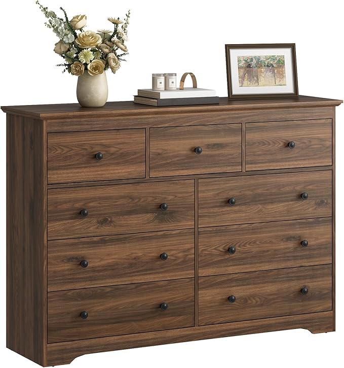 LYNSOM Modern 9 Drawer Dresser, 55.1" Wide Dressers & Chests of Drawers with Large Capacity Storage, Wood Mid Century Storage Dressers Organizer for Bedroom, Hallway, Brown