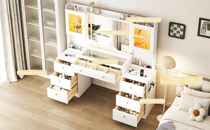 63" Makeup Vanity Desk with Mirror and Lights, Glass Top Makeup Vanity with Power Outlet, 3 Lighting Colors, 7 Drawers, 2 Cabinets for Bedroom, White