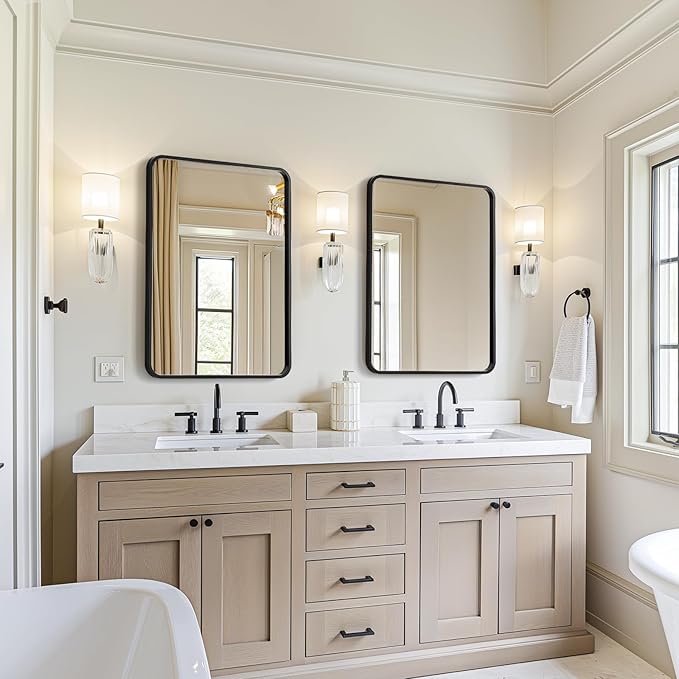 USHOWER 2-Pack Black Bathroom Mirrors Over Sink 22 x 30 Inch, Metal Frame Rectangle Mirror, Modern Farmhouse Vanity Mirror, Wall Mounted
