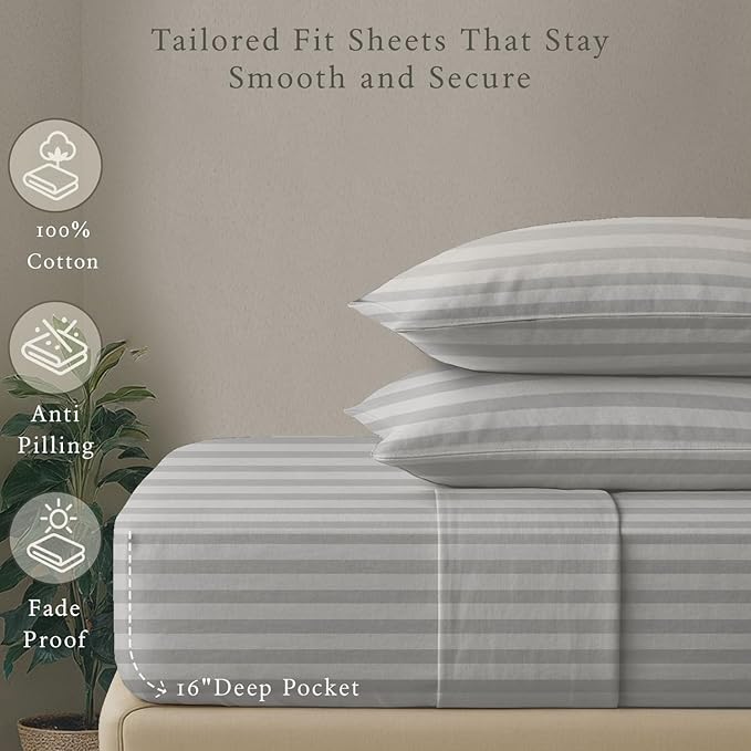 Threadmill 500 Thread Count Queen Size Damask Stripe, 4 Pc Luxury Cotton Bedding Set, Breathable Light Grey Sheets with 16" Elasticized Deep Pocket, 2 Pillowcases & Free Tote Bag