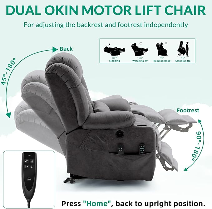 VIVIJASON Tall Man Large Dual Motor Power Lift Recliner Chair with Extended Footrest, Oversized Lay Flat Sleeper Electric Recliner W/Heat & Massage, Lumbar Pillow, USB & Type-C Ports, Gray