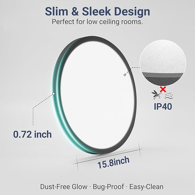 Ø15.8 Inch 32W 3520LM Dimmable LED Flush Mount Ceiling Light, 5 CCT Selectable (2700K-6500K), Ultra-Thin Round Fixture for Kitchen Bedroom Laundry Hallway, Black