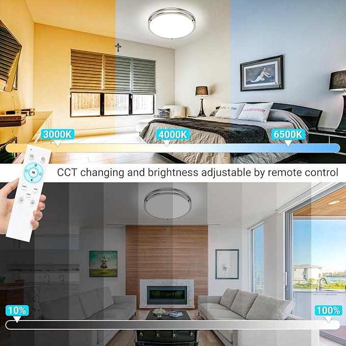 libtit 16Inch Flush Mount Ceiling Lights with Remote, 36W Dimmable LED Ceiling Light 3000K-6500K Adjustable, Large & Bright Brushed Nickel Light Fixture for Kitchen Bedroom LivingRoom -1Pack