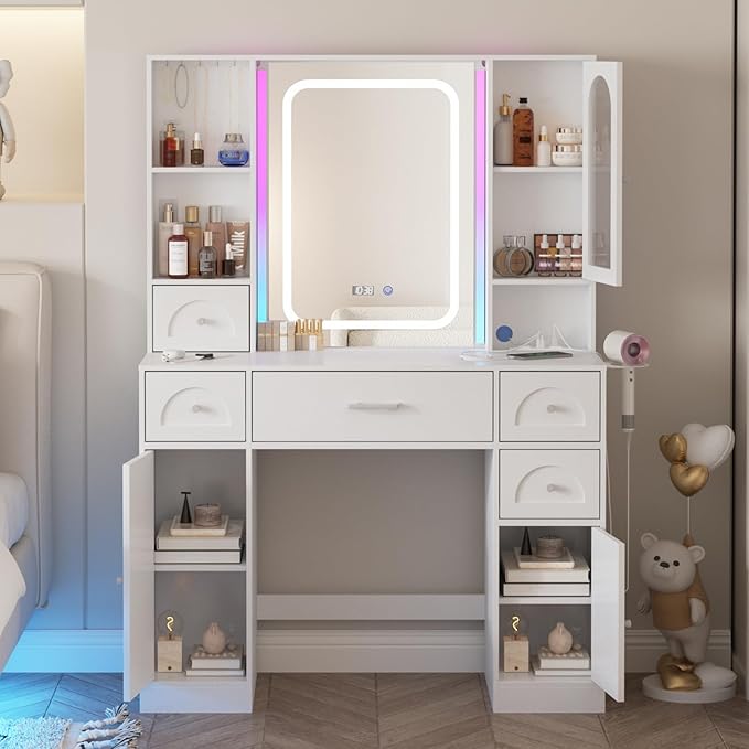 Fameill White Vanity Desk with Mirror,Makeup Vanity with RGB Lights & Power Strip,Makeup Desk Vanity Table with 5 Drawers Lots Storage & Time Display,3 Lighting Modes LED Lighted Mirror,41.3in(L)