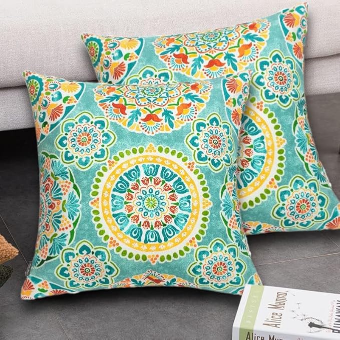 FUNHOME Outdoor Pillow Covers ONLY, No Insert! Pack of 2 Square Throw Pillow Covers, Decorative Water-Repellent Modern Cushion Cases for Sofa Patio Couch Decoration 18 x 18 Inch-Cyan Circle