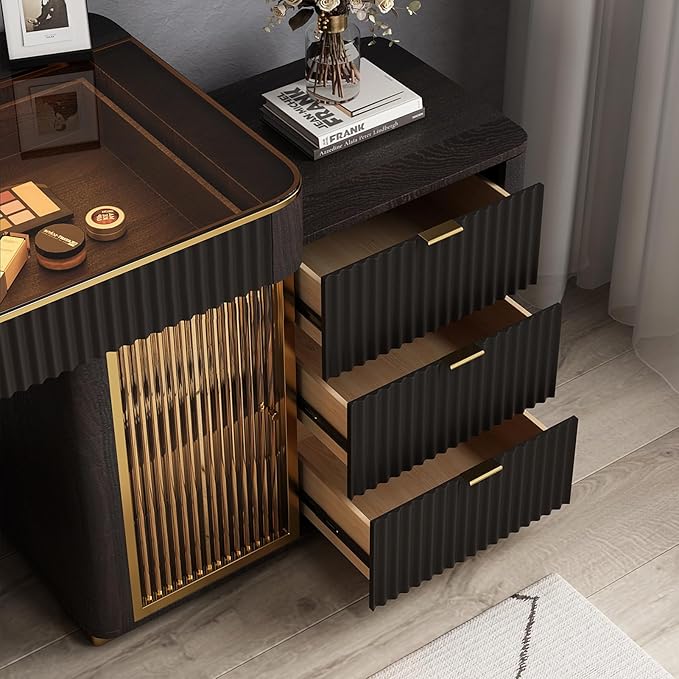 Larits Makeup Vanity, Very Easy to Assemble，Dressing Table Desk in one, Super Storage, with LED Light Vanity Mirror with ash Full Solid Wood upholstered Vanity Stool (Black Brown, 47 in)