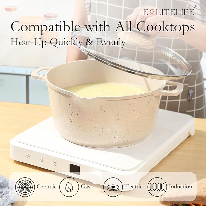 ESLITE LIFE Nonstick Cookware Sets, 7 Pcs Ceramic Coating Pots and Pans Set Kitchen Cooking Set, Compatible with All Stovetops (Gas, Electric & Induction), PFOA Free, White