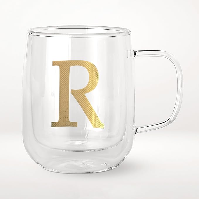 COLLECTIVE HOME - Double Walled Glass Coffee Mugs, Insulated Coffee Mug with Handle, Personalized Gifts for Women, Men, Christmas, 14 oz Monogram Cups (R)
