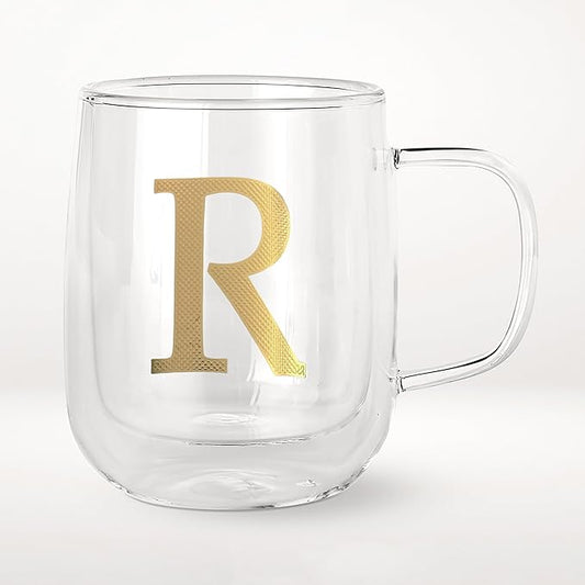 COLLECTIVE HOME - Double Walled Glass Coffee Mugs, Insulated Coffee Mug with Handle, Personalized Gifts for Women, Men, Christmas, 14 oz Monogram Cups (R)