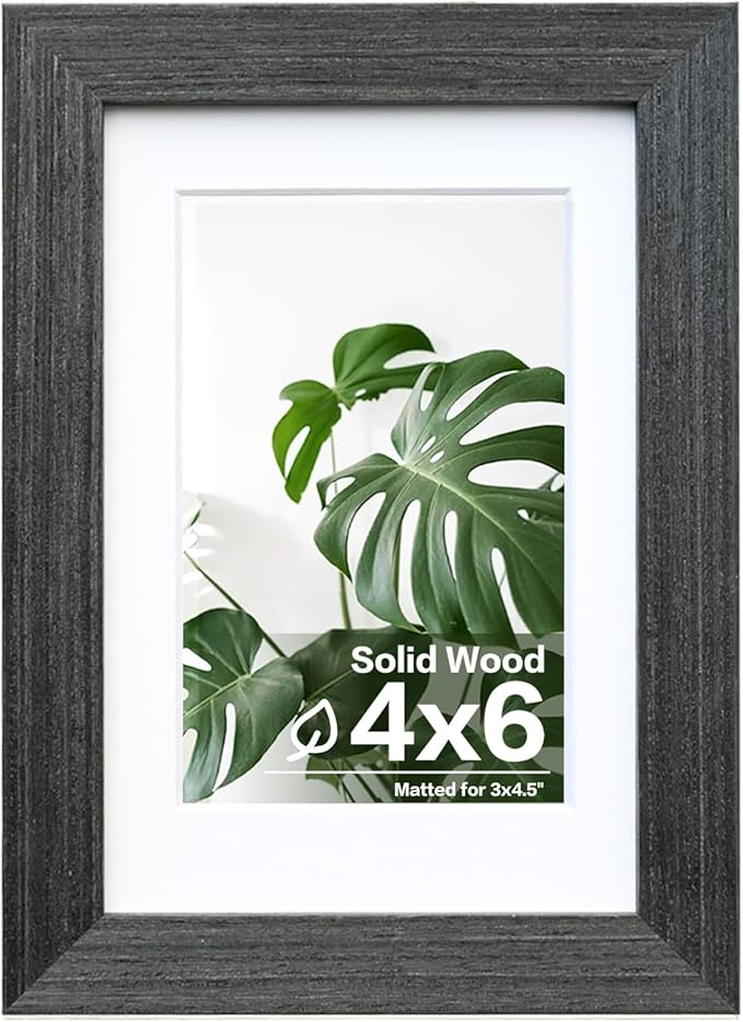 Egofine 4x6 Picture Frame Made of Solid Wood with Plexiglass, Display Pictures 3.5x5 with Mat or 4x6 Without Mat for Tabletop and Wall Mounting, Rustic Black
