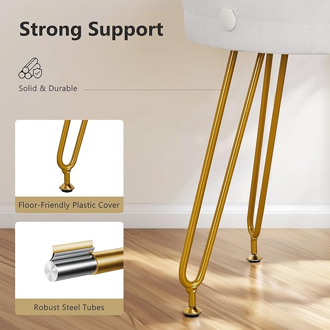 VECELO Round Vevlet Vanity Stool with Storage, 4 Metal Legs Vanity Seat with Anti-Slip Feet, Modern Vanity Chairs Footrest Furry Padded Seat, Space Saving, Easy to Clean for Makeup, Bedroom, White