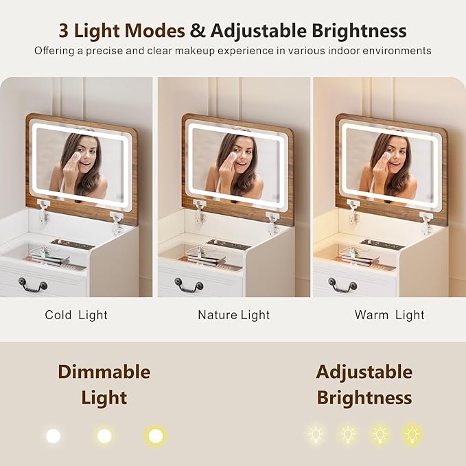 Farmhouse 3 in 1 Vanity with 2 Sockets USB, LED Small Makeup Desk with Flip Top Mirror, Compact Vanity with Glass Desktop, Storage and Cushioned Stool with Wheels,3 Drawers, for Bedroom White