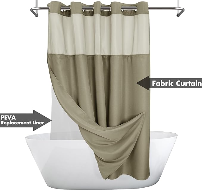 No Hook Slub Textured Shower Curtain with Snap-in PEVA Liner Set - 71" x 74"(72"), Hotel Style with See Through Top Window, Machine Washable & Water Repellent, Taupe, 71x74