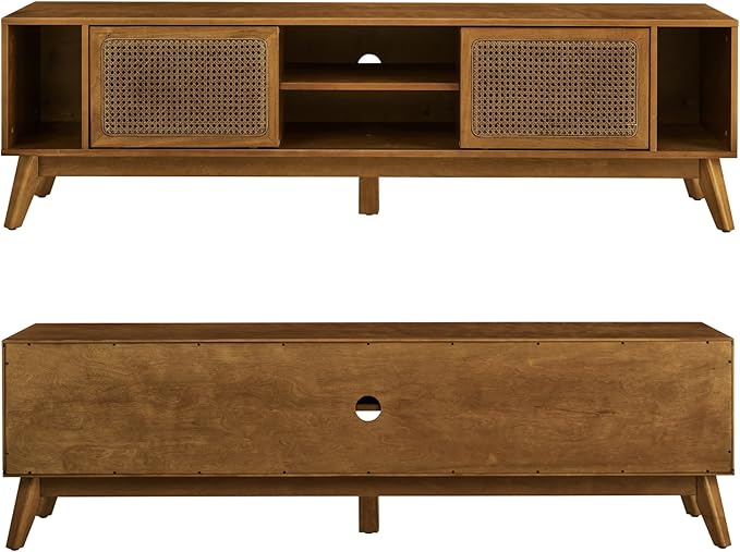 68 Inch Mid Century Modern TV Stand with Rattan Doors, MCM Entertainment Center Media Console for 60/65/70/75 inch TVs, Long Boho Television Stand for Living Room, Light Walnut