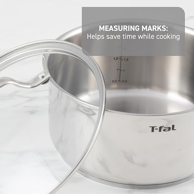 T-fal Stainless Steel Cookware Set 11 Piece, Induction, Oven Broiler Safe 500F, Kitchen Cooking Set w/Fry Pans, Saucepans, Saute Pan, Dutch Oven, Steamer, Pots and Pans, Dishwasher Safe, Silver