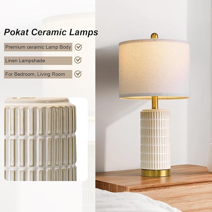 PoKat Small Bedside Table Lamps with USB Ports for Bedroom, 21.5'' White Nightstand Lamps for Night Stands, Modern Ceramic Bedroom Lamps for Living Room End Table, White and Beige