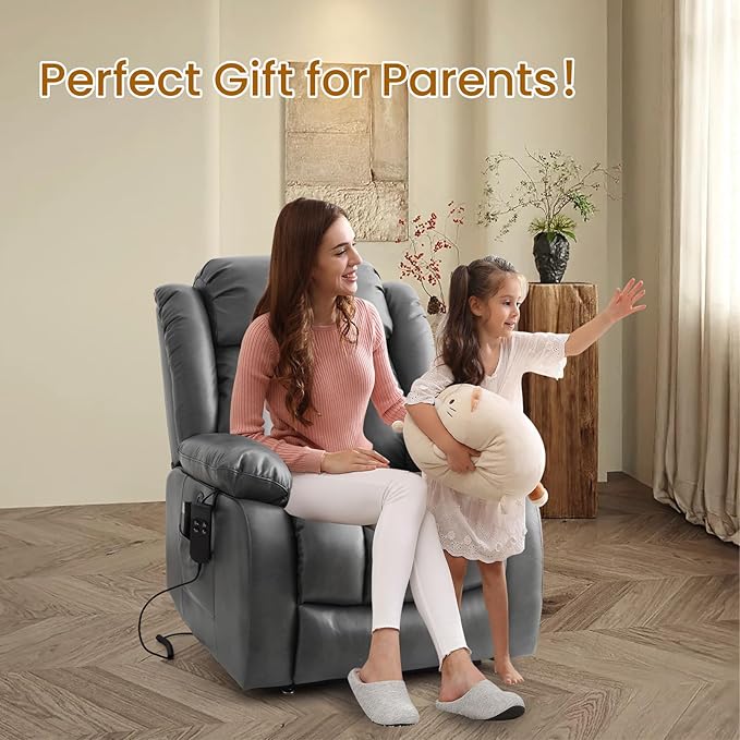 TEKAMON Power Lift Recliner Chair for Elderly with Heat & Massage, Dual Motor Genuine Leather Recliner, Lay Flat Sleeping Chairs with Infinite Position, RemoteControl(Silver Grey, Extended)