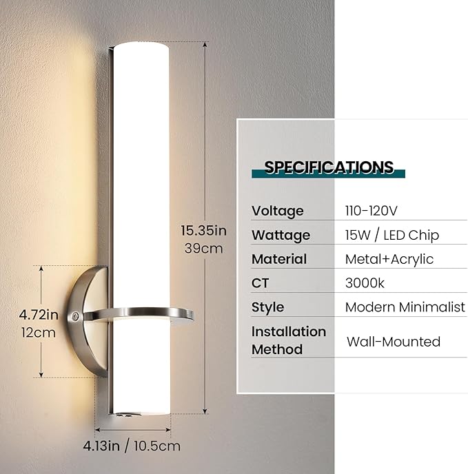Brushed Nickel Wall Sconces Set of Two - 15 inch Modern Bathroom Sconce 15W 3000K Dimmable LED Sconces Wall Lighting, Indoor Wall Sconce Light for Living Room Corridor Mirror Bedroom Stairs