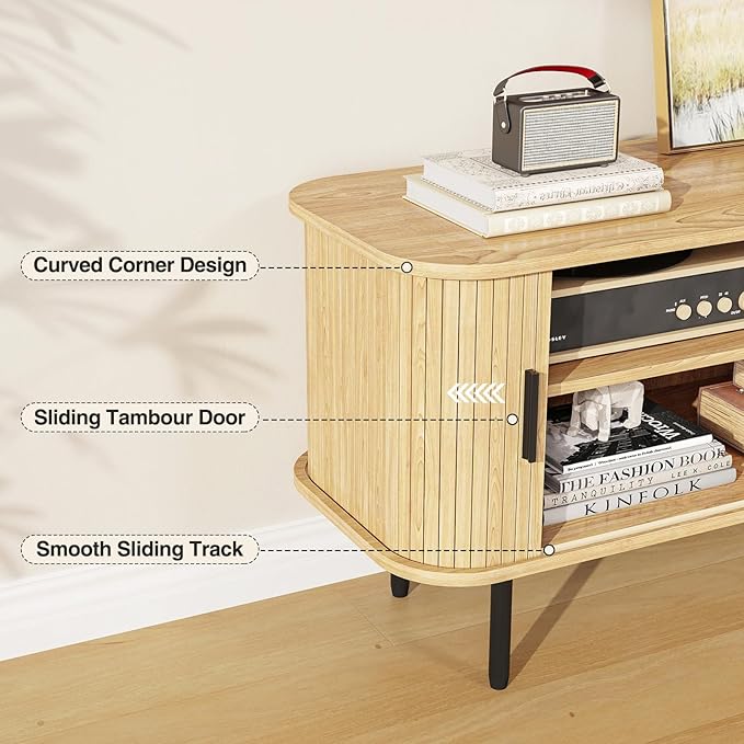 55" Natural Fluted TV Stand for TVs up to 65 Inch, Gaming Entertainment Center with Tambour Slatted Sliding Doors and Storage Cabinet, Media TV Consoles Table for Living Room, Office