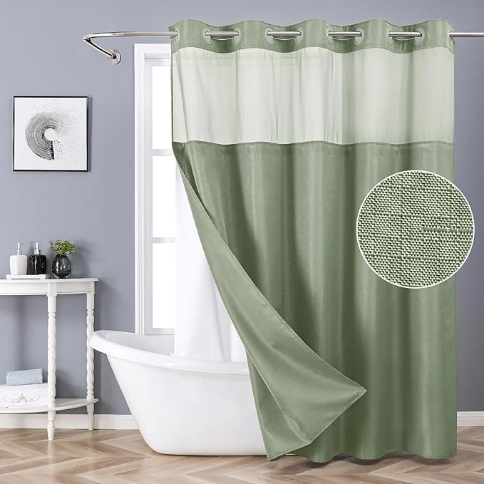 Sage Green No Hook Shower Curtain with Snap-in Fabric Liner Set,Slub Textured Fabric Shower Curtains for Bathroom,Hotel Style Modern Shower Curtain,Water Repellent & Washable,71x74(72)