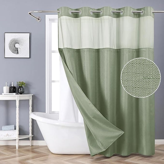 Sage Green No Hook Shower Curtain with Snap-in Fabric Liner Set,Slub Textured Fabric Shower Curtains for Bathroom,Hotel Style Modern Shower Curtain,Water Repellent & Washable,71x74(72)