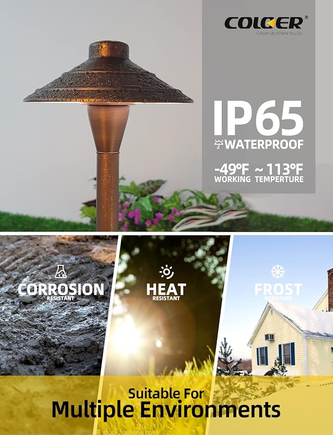 COLOER Brass Low Voltage Walkway Lights for Outside Bronze Finish 4-Pack with LED G4 Bulb,9-17V AC/DC 2W 2700K Warm White Outdoor Landscape Path Lights for Garden,Yard,Sidewalk or Driveway(601B)