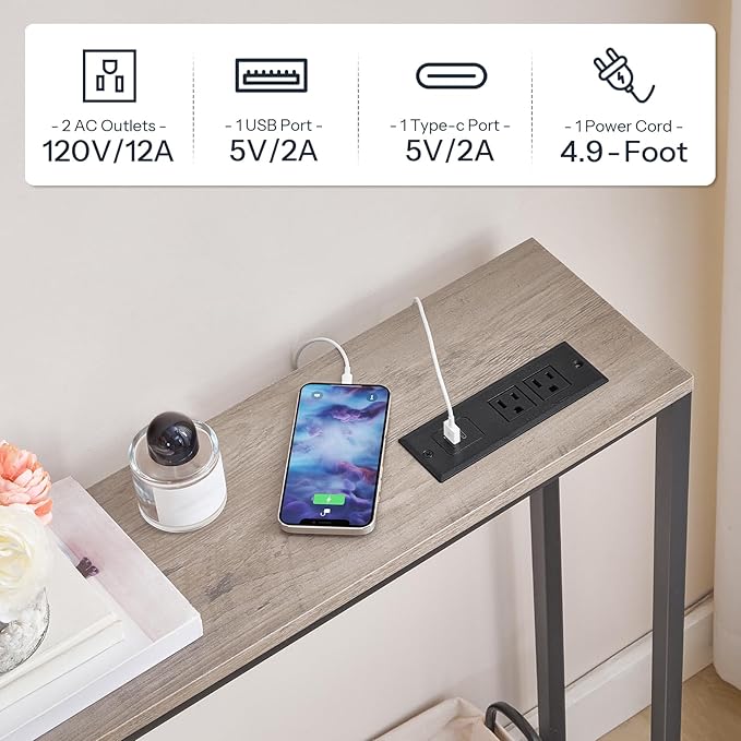 HOOBRO 70.9" Extra Long Sofa Console Table with Charging Station, 2-Tier Behind Couch Table with V-Brace, for Narrow Entryway, Hallway, Living Room, Greige BG186UXG01