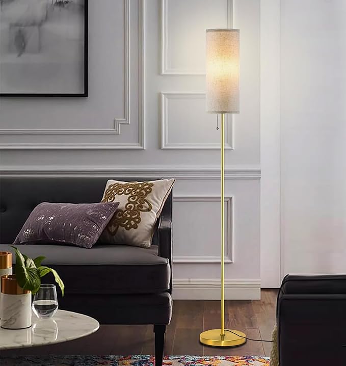 Floor Lamp for Living Room, Modern Standing Lamps with Lampshade, Minimalist Tall Lamp with Chain Switch for Living Room, LED Bulb Included (Beige+Gold)