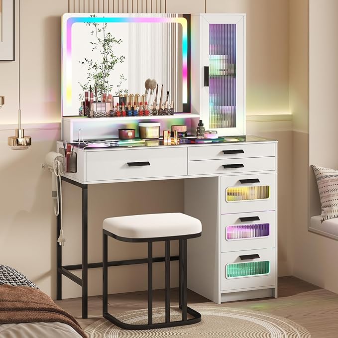 RGB Vanity Desk with Mirror and Lights, Glass Top Makeup Vanity with 6 Drawers & Wireless Charging,Vanity Table Set with RGB Cabinet Light and Jewelry Box, for Girls Bedroom, White