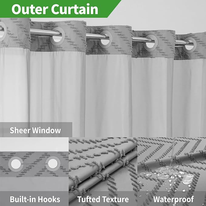 Extra Long No Hook Tufted Chevron Striped Shower Curtain with Snap-in Fabric Liner set-71Wx86H(84H),Grey Hotel Grade Boho Style Shower Curtain,Water Repellent