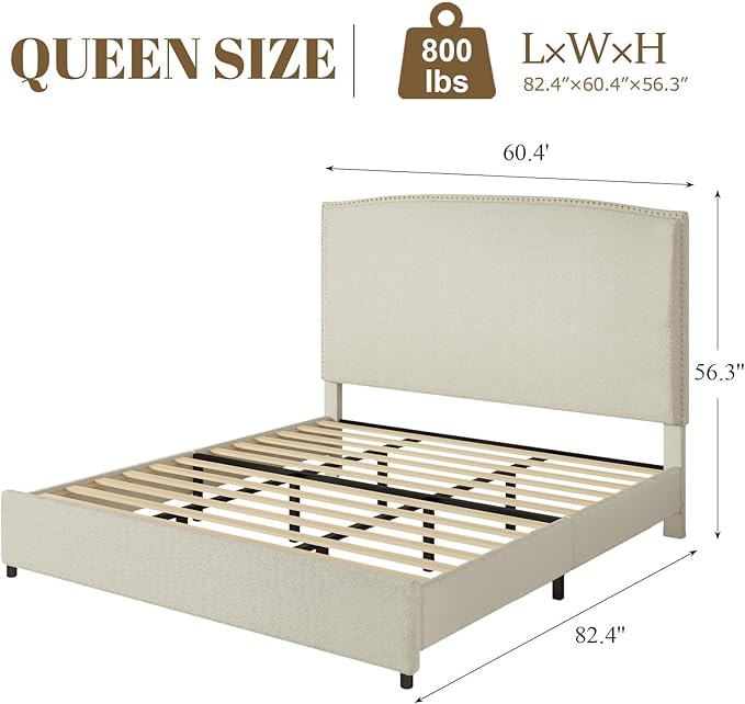 Queen Bed Frame, Queen Size Upholstered Platform Bed Frame with 56" Headboard, Soft Boucle Fabric, Mid-Century Modern Design, No Box Spring Required, Easy Assembly, Beige
