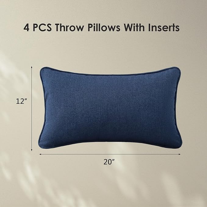 Sunbrella Decorative Outdoor Water Repellent Throw Pillows with Inserts, Set of 4, 20" x12" Pillows for Patio, Backyard, Bed, Couch, and Patio Furniture, Specrtum Indigo
