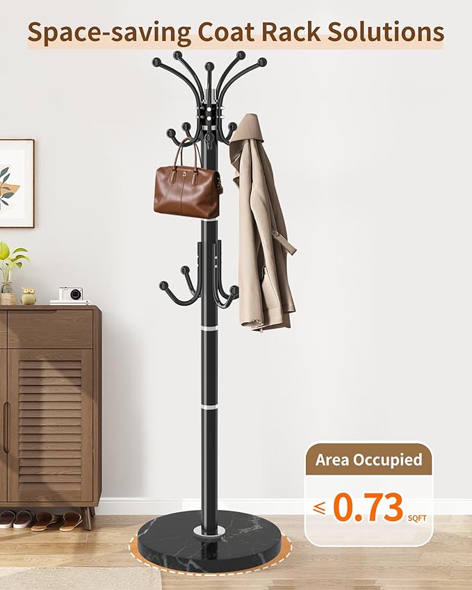 EZIVIEZ Modern Coat Rack Stand, Metal Freestanding Coat Rack with Natural Marble Base, Coat Racks with Umbrella Holder,Coat Hanger Stand with 12 Hooks for Office, Entryway (Black-360° Rotary 14 Hooks)
