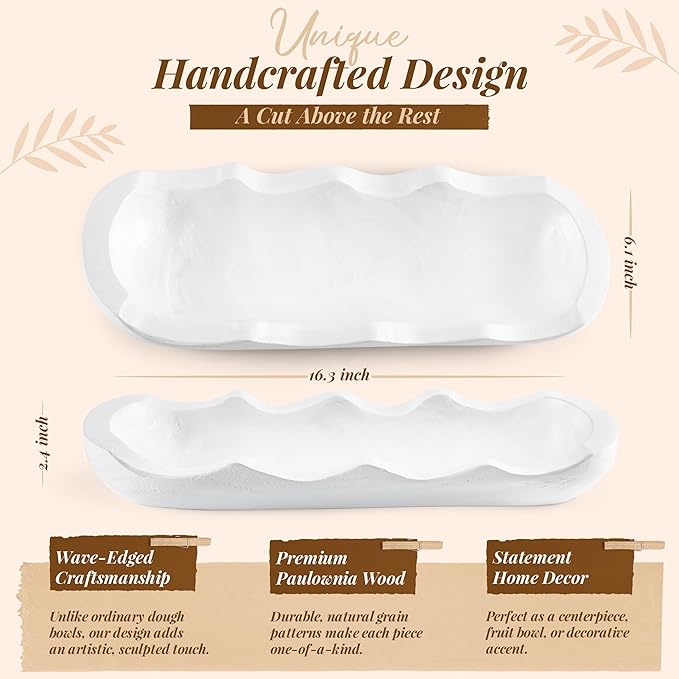 Wavy Edge Wooden Dough Bowl for Decor 16" L Lightweight Paulownia Wood Hand Carved Decorative Wooden Farmhouse Fruit Bowl, Home Decoration Centerpiece, Table Display Bowl
