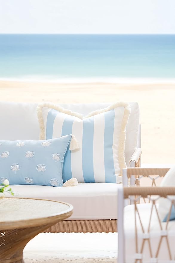 Hofdeco Premium Coastal Hampton Style Patio Indoor Outdoor Lumbar Pillow Cover Only, 12"x20" Water Resistant for Backyard, Couch, Baby Blue Embroidered Palm Leaf Tassel