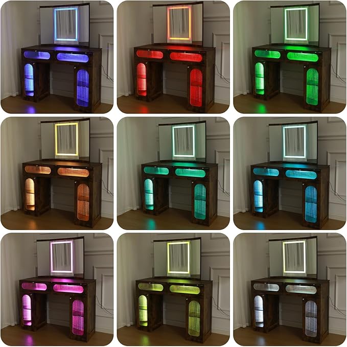 Vanity Desk with Tri-Fold Mirror and Lights, LED Makeup Vanity with 2 Drawers, 2 Doors Storage, Gifts for Girls/Women (Rustic)