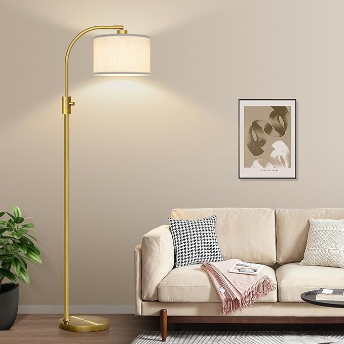 Brass Arc Floor Lamp - Dimmable LED with White Shade for Living Room, Bedroom, Office & More