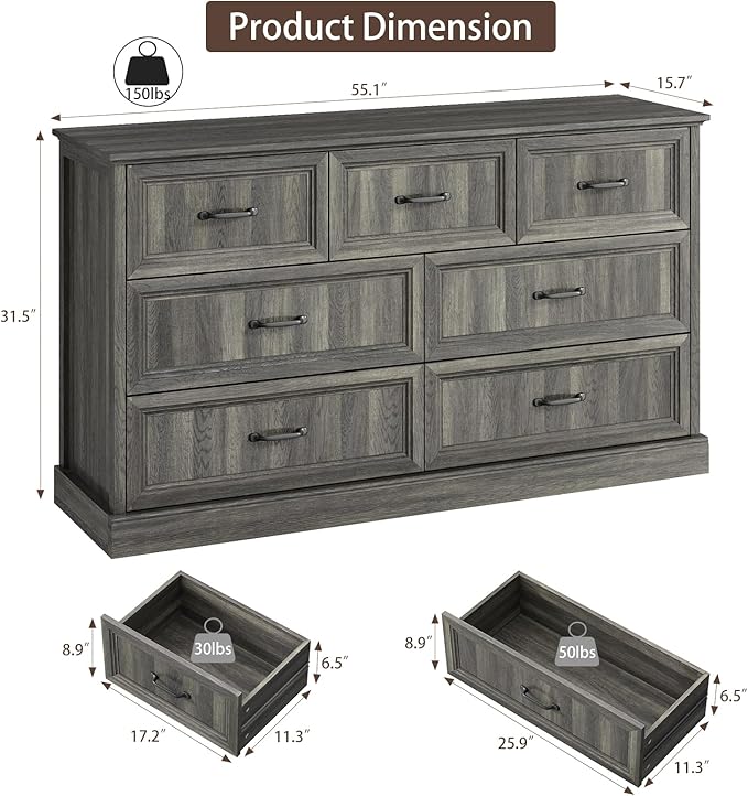 Farmhouse 7 Drawer Dresser for Bedroom, 55 Inch Wide Modern Grey Dresser TV Stand with Large Drawers & Bar Handles, Rustic Wood Chest of Drawers for Bedroom, Living Room, Hallway, Entryway.