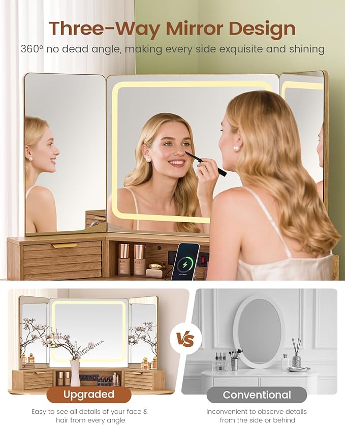 AOGLLATI Large Fluted Corner Vanity Desk with HD Triple Mirror and Lights, Makeup Vanity Desk with 3 Drawers & 3 Cabinets, Modern Dressing Table with Charging Station for Bedroom, Wood