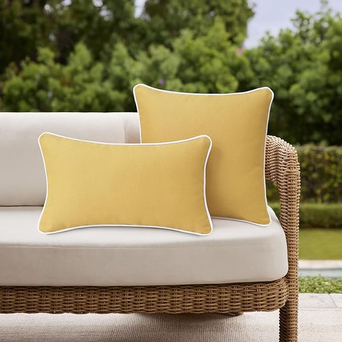 Decorative Outdoor Water Repellent Throw Pillows with Inserts, Set of 4, 20" x12" Pillows for Patio, Backyard, Bed, Couch, and Patio Furniture, Yellow