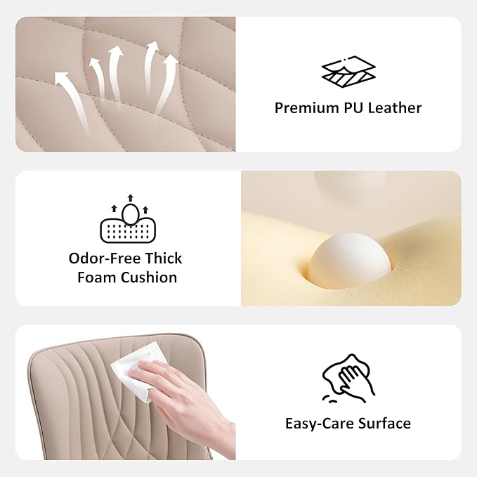 YOUTASTE All Cream Office Chair, Modern Armless Desk Chair with Back, Adjustable Swivel Rolling Faux Leather Task Chair with Wheels Metal Base for Home Office, Study, or Vanity