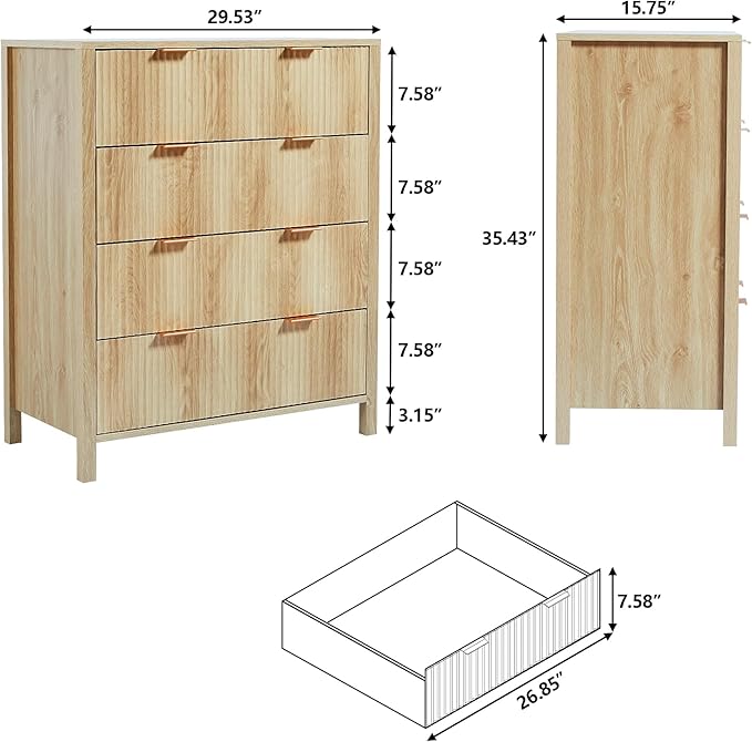 Fluted 4 Drawer Tall Dresser for Bedroom, Mid Century Modern Nightstand with Drawers, Tall Bedside Table for Closet Cloth, Living Room End Table with Storage for Dorm -Natural