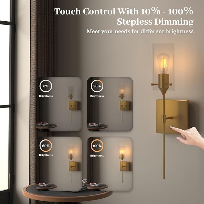 Dimmable Battery Operated Wall Sconce Set of Two, Rechargeable Wall Lamp No Hardwire, Wireless Wall Mounted Light for Bedroom Bathroom Kitchen Vanity Mirror, Bulb Included