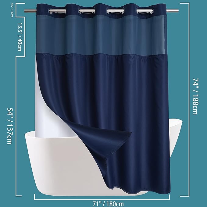 Conbo Mio No Hook Shower Curtain with Snap in Liner Set, Hotel Luxury Dark Blue Fabric Shower Curtains for Bathroom with See Through Top Window, Washable, Waterproof 71W x 74H