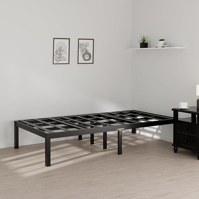 14 Inch Bamboo Bed Frame – Solid Wood Platform Bed Frame, Strong and Stable, with Non-Slip Slats for Support, No Box Spring Needed, Easy to Assemble, Noise-Free (Black, Twin)