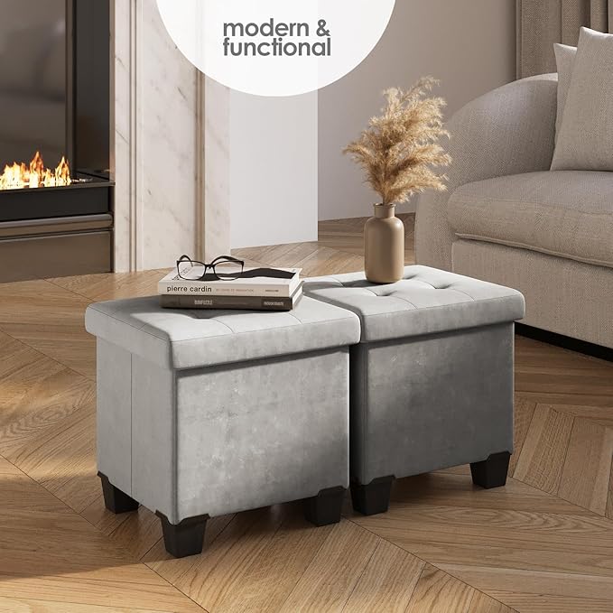 STORAGEBUD Storage Ottoman Cube with Small Bin, 15-in Square Ottoman with Storage for Living Room and Bedroom, Small Ottomans Foot Rest, Velvet Foot Stools Ottomans Max 330lbs, Light Grey