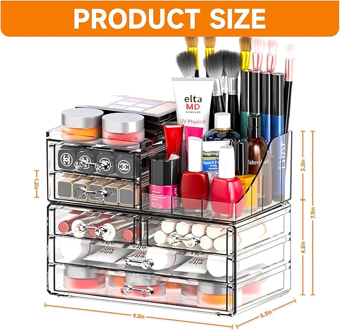 SuoXing Clear Acrylic Makeup Organizer for Vanity,Bathroom,Dresser,6 Drawer Cute Make up Organizers for Counter,Plastic Countertop Makeup Storage for Beauty,Jewelry,Brush,Cosmetic,Skin Care Organizer