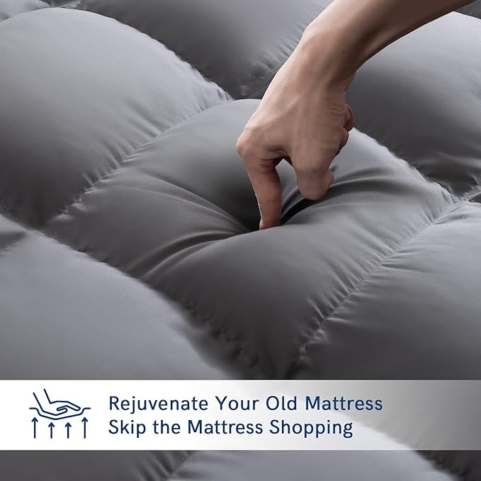 ELEMUSE Full XL Grey Mattress Topper for Back Pain, Extra Thick Mattress Pad Cover, Plush Soft Pillowtop with Elastic Deep Pocket, Overfilled Down Alternative Filling